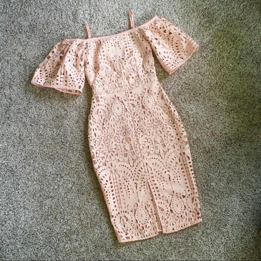 Off the Shoulder Peach Lace Overlay Midi Dress
